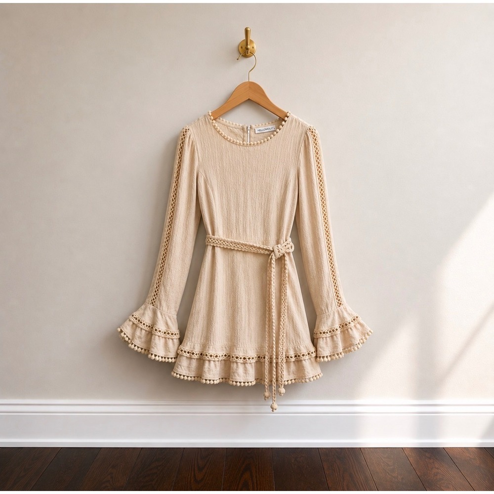 Hello Molly Beige 100% Linen Crochet Lace Pom Pom Mini Dress Womens Medium